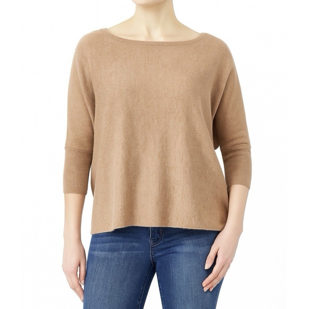 Garnet Hill Sweater Womens 100% Cashmere 3/4 Sleeve Boat Neck Boxy Beige Size S